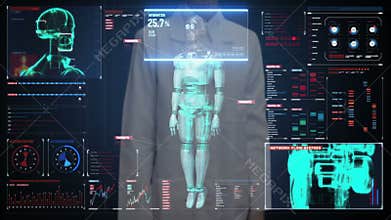 Female doctor touching digital screen, Scanning robot cyborg body in digital interface. artificial intelligence.