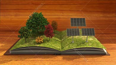 Open book makes Solar power plant, solar panel, solar energy, brown background.