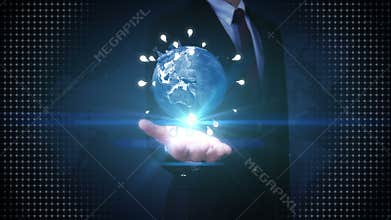 Businessman open palm, Rotating earth, connect idea bulb icon.communication technology, network world map.