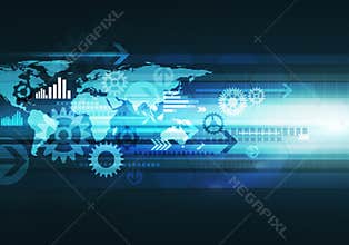 Digital business technology background with world map, arrow and