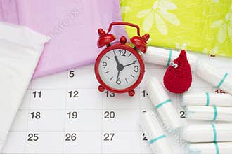 Woman critical days, gynecological menstruation cycle, blood period. Menstrual sanitary soft pads, tampons, calendar, red clocks w