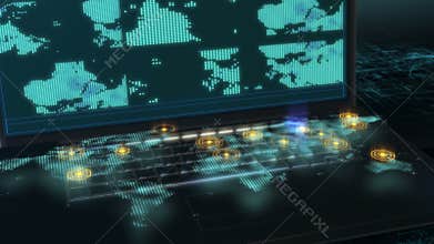 Zoom into virtual city in laptop with motion graphics