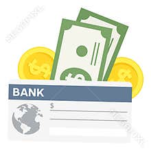 Bank Check & Banknotes Flat Icon on White