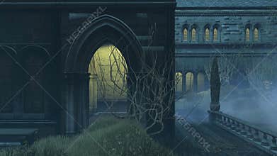 Medieval wall with portals at misty night