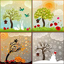 Four seasons themed illustrations set with apple tree, birdhouse and surroundings