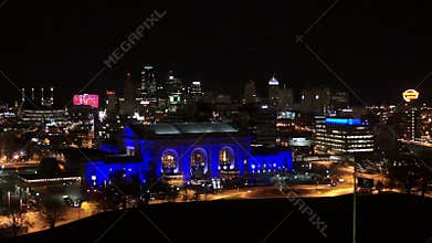 Nighttime High Angle View Union Station Downtown City Skyline Kansas City