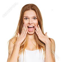 Surprised happy beautiful woman in excitement. Isolated over white