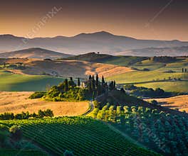 Scenic Tuscany landscape at sunrise, Val dOrcia, Italy