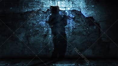 Shadow of Horn Player Against Grunge Wall with Falling Debris