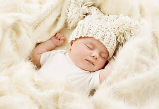 Baby Sleeping, Newborn Kid Sleep in Hat, New Born Girl