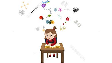 Cartoon animation of a girl child student is reading education book on her desk with science maths chemistry biology engineering p