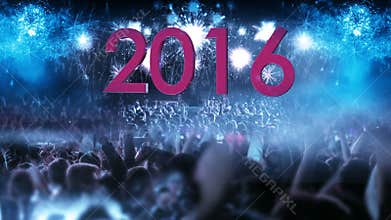 2016 Crowd of people and fireworks explosions zoom out camera