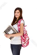 Asian student in jeans with backpack, notebooks