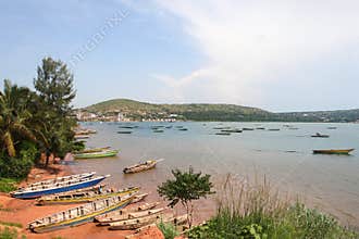 The boats on the shore of Tanganyika lake in Kigoma city, Tanzania.