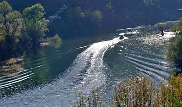 Boat journey, morning mountains river, lake.