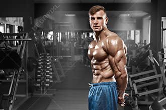 muscular man posing in gym, shaped abdominal, showing triceps. Strong male naked torso abs, working out