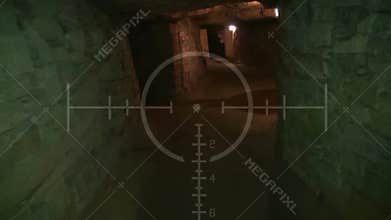 Dark old abandoned underground tunnel. Grunge vintage catacombs. Scary background for the quest military
