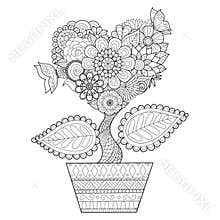 Flowers in heart shape on a pot line art design for coloring book for adult, tattoo, T- Shirt graphic, cards and so on