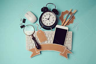 Back to school badge design with smartphone, keyboard and clock. Creative design hero header image.