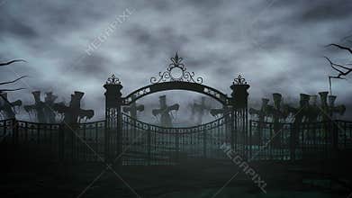 Horror night cemetery, grave. Moonlight . halloween concept. 3d animation