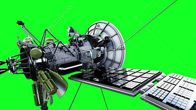 Satellite in space. Highly detailed, realistic motion and reflection. 4K green screen animation.