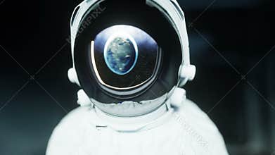 Alone astronaut in futuristic space corridor, room. view of the earth. cinematic 4k footage.