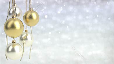 Golden and silver christmas balls with bokeh background. Seamless loop. 3D render