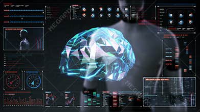 Robot cyborg touching polygon Brain, connect digital lines in digital display interface, grow future artificial intelligence.1