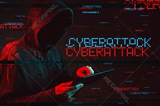 Cyberattack concept with faceless hooded male person