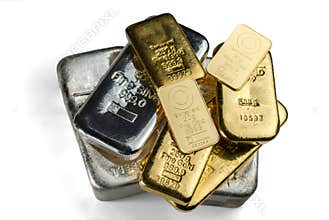 Several cast and minted gold bars and silver cast bars isolated on white background.