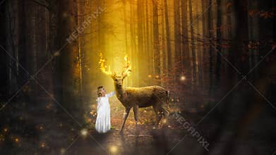 Fantasy Nature Landcape, Girl, Deer, Buck