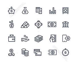 Finance line icons. Money business account, currency management finance audition money calculating. Business investment