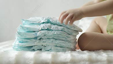 Child plays with baby diapers in a pile, baby, background, diaper