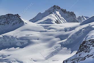 Footpath on the snow in the top of Europe. Switzerland.