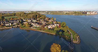 Aerial view of water and nature landscape, Walburg area, Dordrecht , Netherlands