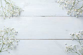 Spring background, flowers frame on blue wooden table. Banner mockup for Womans or Mothers Day, Easter, spring holidays. Flat lay,