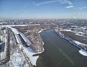 Sluice number 10 on the Moscow river in kolomenskoe district, aerial view, winter drone