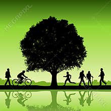 Silhouetted people under tree