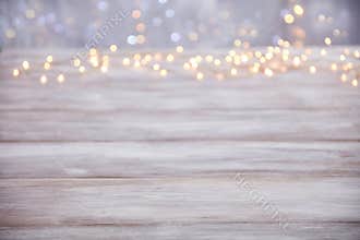 Empty table top with blur christmas lights background