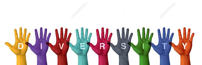 Raised hand paint with colorful color with diversity word isolated on white background ,Leave space for adding your content