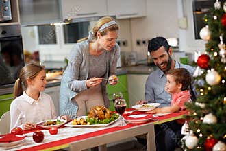 Cheerful family having Christmas dinner
