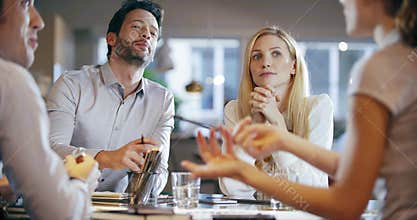 Corporate business team work meeting at office.Four caucasian businessman and businesswoman people group talking