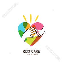 Kids care, family or charity logo emblem design template. Hand drawn heart with baby and adult hands silhouettes