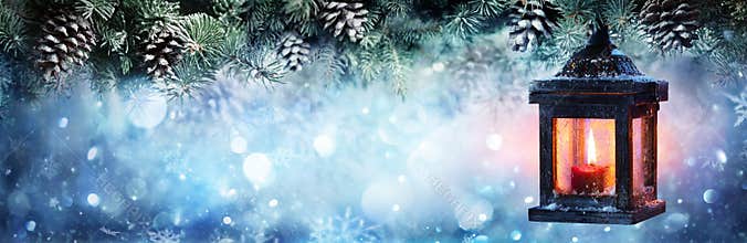 Christmas Lantern Hanging At Fir Branches