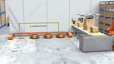 Drone delivery goods in modern warehouse