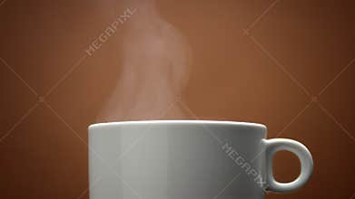 Closeup of white cup with hot drink. Steam from cup
