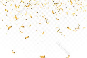 Falling bright Gold Glitter confetti celebration, serpentine isolated on transparent background. New year, birthday