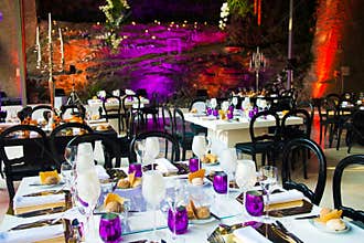 Event Dinner Tables, White and Purple Wedding Party Decoration