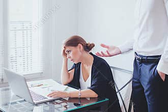 Stress at work, emotional pressure, angry boss and tired unhappy employee