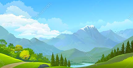 Landscape view of snow covered mountains, green meadows and a river